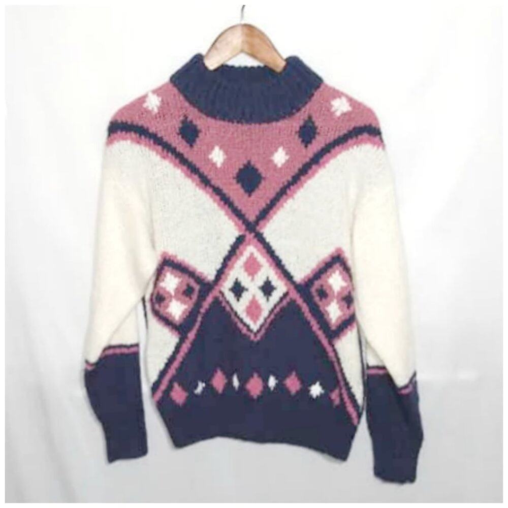 Vintage Deb Purple & White Diamond Print Mock Neck Sweater Sz Large